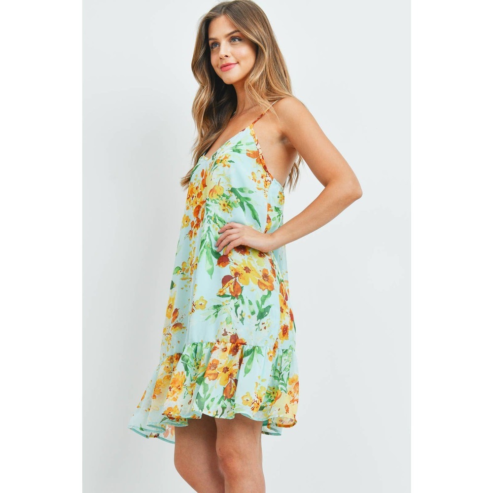 Mint Floral Slip Dress Spaghetti Strap Ruffle Hem Dress - Picture 2 of 5